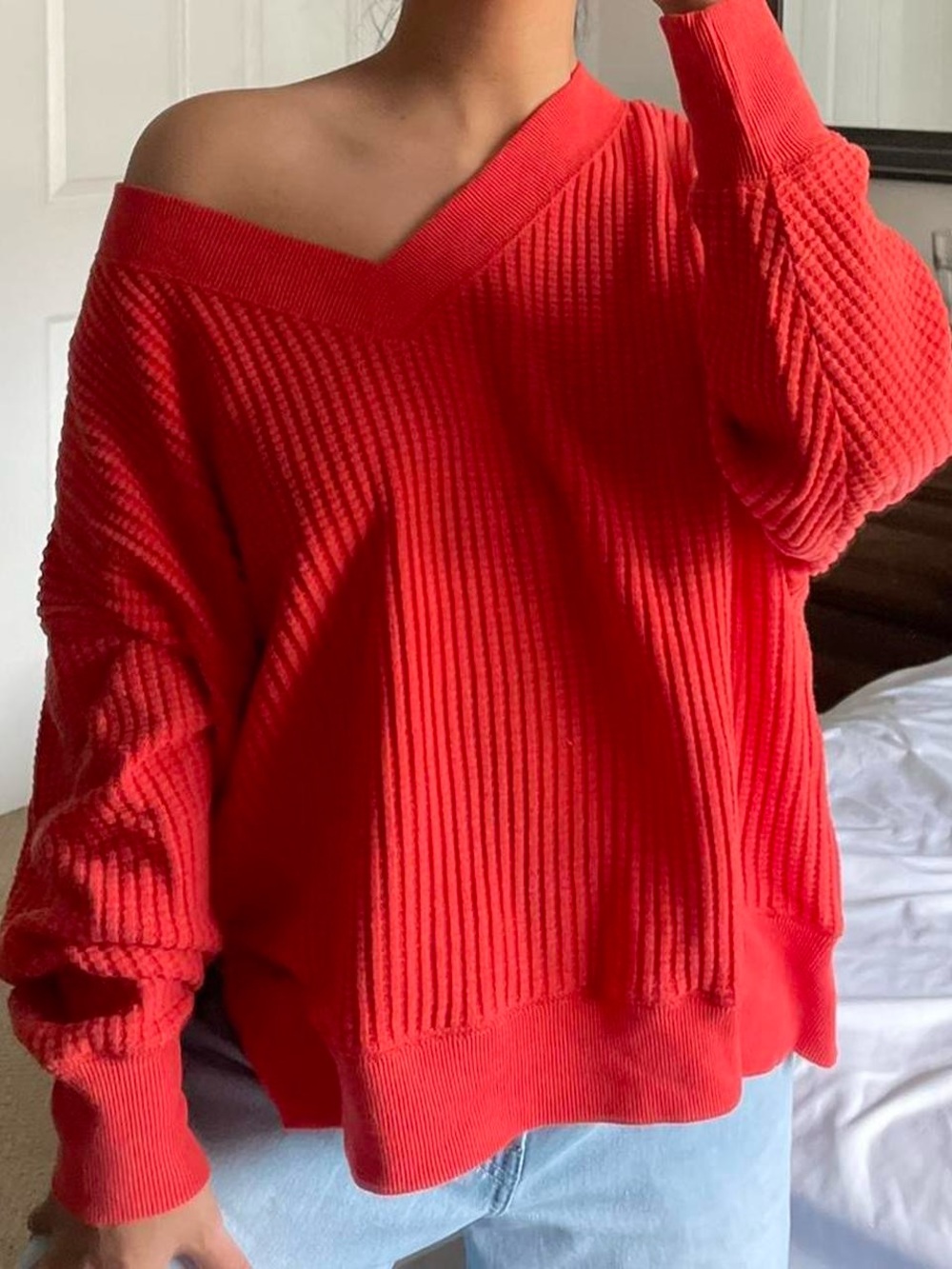 American Eagle Red/Orange off the shoulder sweater